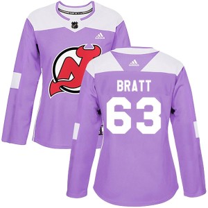 New Jersey Devils Jesper Bratt Official Purple Adidas Authentic Women's Fights Cancer Practice NHL Hockey Jersey