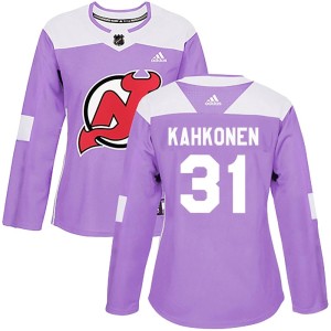 New Jersey Devils Kaapo Kahkonen Official Purple Adidas Authentic Women's Fights Cancer Practice NHL Hockey Jersey