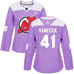 New Jersey Devils Vitek Vanecek Official Purple Adidas Authentic Women's Fights Cancer Practice NHL Hockey Jersey