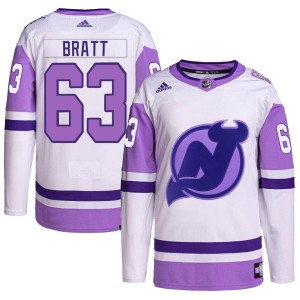 New Jersey Devils Jesper Bratt Official White/Purple Adidas Authentic Adult Hockey Fights Cancer Primegreen NHL Hockey Jersey