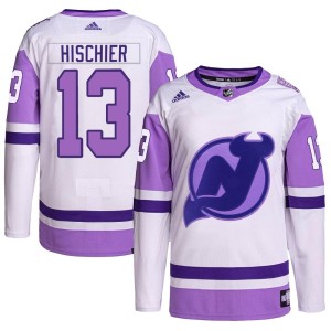 New Jersey Devils Nico Hischier Official White/Purple Adidas Authentic Adult Hockey Fights Cancer Primegreen NHL Hockey Jersey
