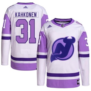 New Jersey Devils Kaapo Kahkonen Official White/Purple Adidas Authentic Adult Hockey Fights Cancer Primegreen NHL Hockey Jersey