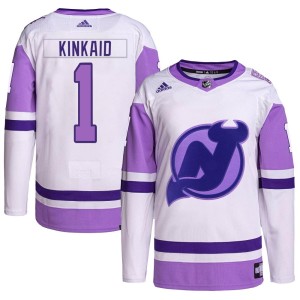 New Jersey Devils Keith Kinkaid Official White/Purple Adidas Authentic Adult Hockey Fights Cancer Primegreen NHL Hockey Jersey