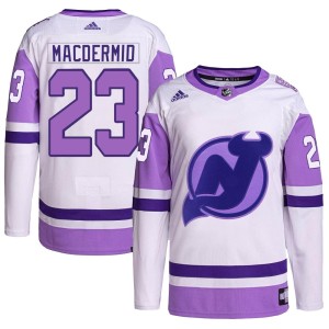 New Jersey Devils Kurtis MacDermid Official White/Purple Adidas Authentic Adult Hockey Fights Cancer Primegreen NHL Hockey Jersey