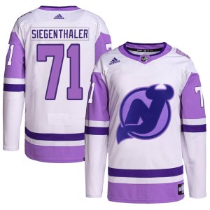New Jersey Devils Jonas Siegenthaler Official White/Purple Adidas Authentic Adult Hockey Fights Cancer Primegreen NHL Hockey Jersey