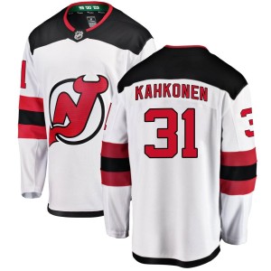New Jersey Devils Kaapo Kahkonen Official White Fanatics Branded Breakaway Youth Away NHL Hockey Jersey
