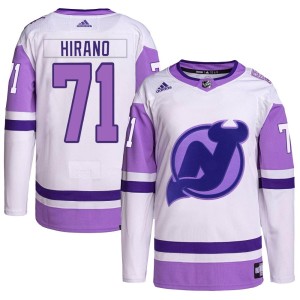 New Jersey Devils Yushiroh Hirano Official White/Purple Adidas Authentic Youth Hockey Fights Cancer Primegreen NHL Hockey Jersey