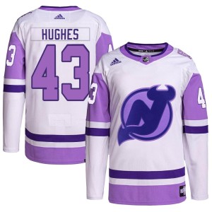 New Jersey Devils Luke Hughes Official White/Purple Adidas Authentic Youth Hockey Fights Cancer Primegreen NHL Hockey Jersey
