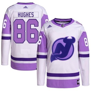 New Jersey Devils Jack Hughes Official White/Purple Adidas Authentic Youth Hockey Fights Cancer Primegreen NHL Hockey Jersey