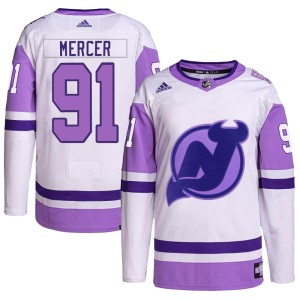 New Jersey Devils Dawson Mercer Official White/Purple Adidas Authentic Youth Hockey Fights Cancer Primegreen NHL Hockey Jersey