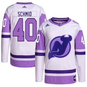 New Jersey Devils Akira Schmid Official White/Purple Adidas Authentic Youth Hockey Fights Cancer Primegreen NHL Hockey Jersey