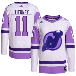 New Jersey Devils Chris Tierney Official White/Purple Adidas Authentic Youth Hockey Fights Cancer Primegreen NHL Hockey Jersey