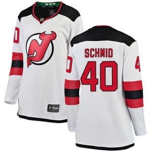 New Jersey Devils Akira Schmid Official White Fanatics Branded Breakaway Women's Away NHL Hockey Jersey
