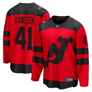 New Jersey Devils Vitek Vanecek Official Red Fanatics Branded Breakaway Adult 2024 Stadium Series NHL Hockey Jersey